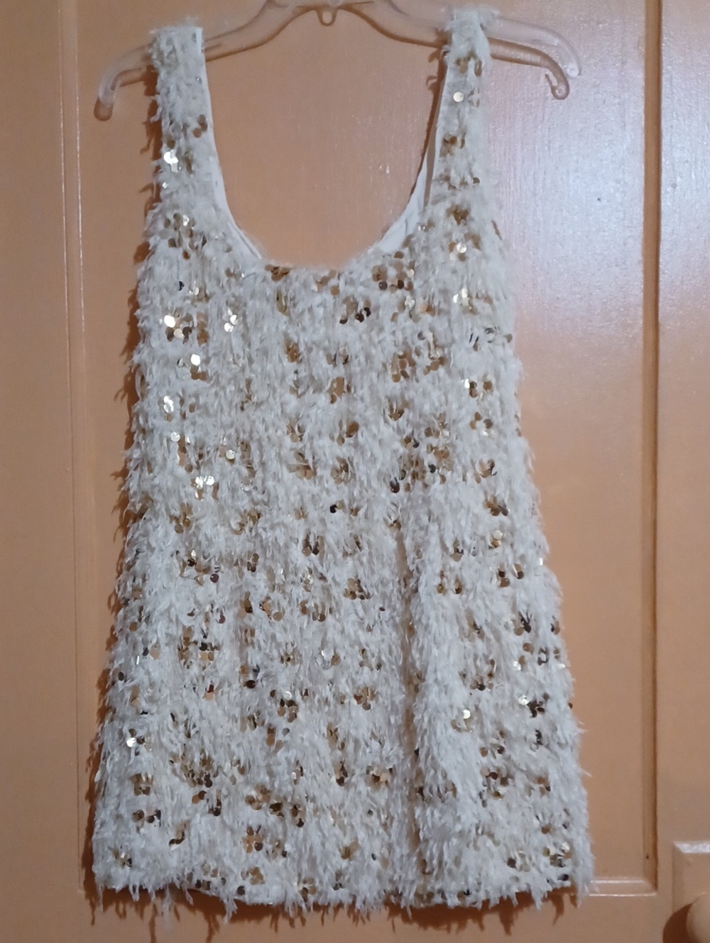 SHEIN Ivory Fringe Mini Dress with Gold Sequin Accents